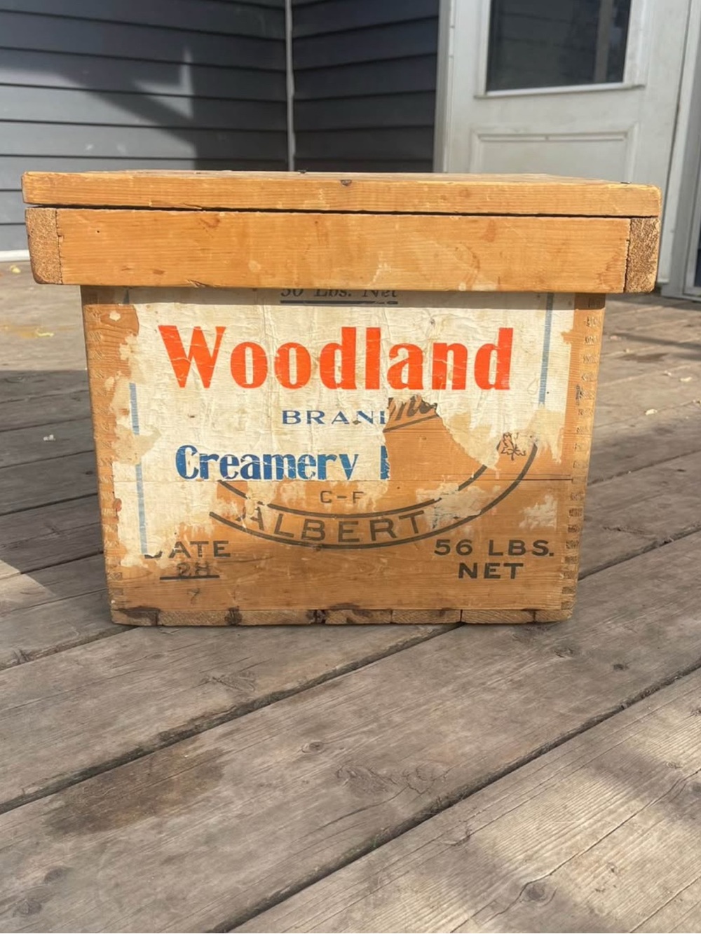 ANTIQUE/ VINTAGE Woodland Creamery Wooden Milk Crate - Orange/White/Blue